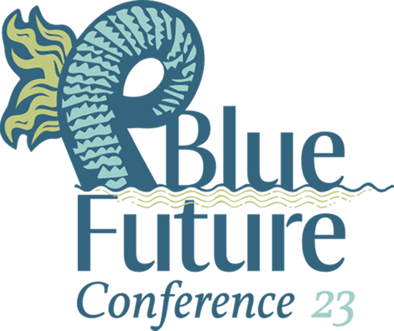 Logo showcasing a coiled sea serpents tail emerging from rippling sea water next to and above the words Blue Future Conference 23